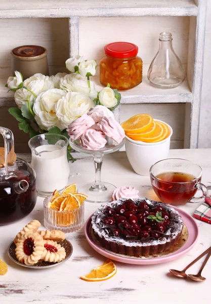 Tea Party Dessert Table Marshmallows Tart — Stock Photo, Image