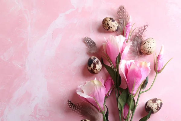 Easter Still Life Flowers Eggs Pink Background — Stock Photo, Image