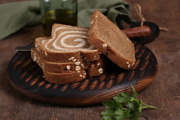 Whole Wheat Rye Sliced Bread Wooden Board — Stock Photo, Image