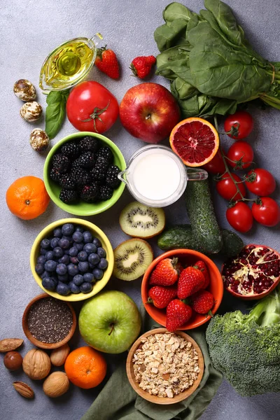 Produkter Mix För Hälsosam Äta Frukt Grönsaker Superfood — Stockfoto