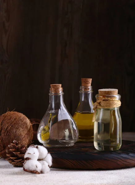 Assortment Natural Organic Oils Wooden Board — Stock Photo, Image