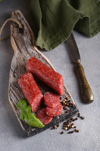 Natural Organic Salami Sausage Pepper Wooden Board — Stock Photo, Image