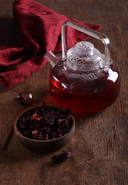 Hibiscus Red Flower Tea Teapot — Stock Photo, Image