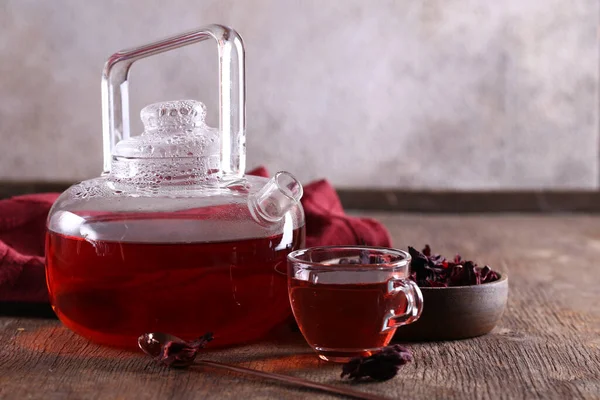 Hibiskus Roter Blütentee Einer Teekanne — Stockfoto