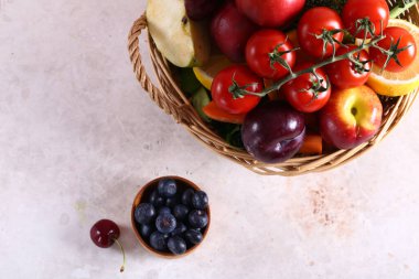 Sepet ve meyveler masada.