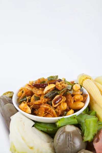Креветки паста чилі соус з бланшованими овочами, їжа — стокове фото