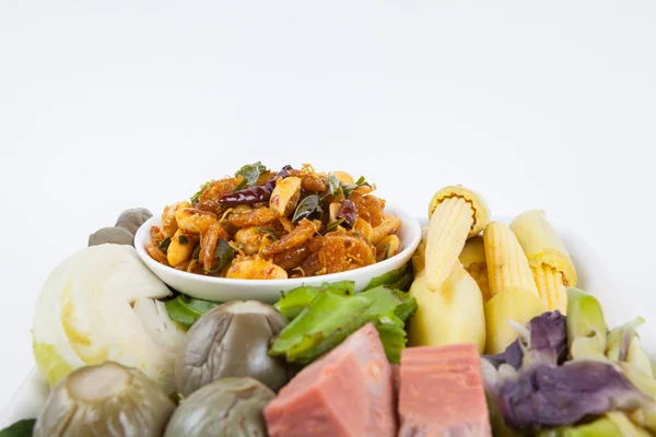 エビのチリソース野菜をブランチングとペースト食品 — ストック写真