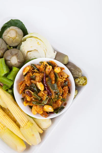 Shrimp paste chili sauce with blanching vegetables, food — Stock Photo, Image