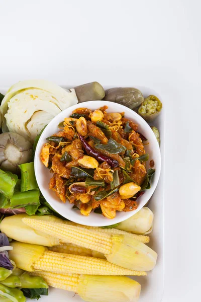 Shrimp paste chili sauce with blanching vegetables, food — Stock Photo, Image