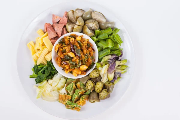 Γαρίδες επικόλληση σάλτσα τσίλι με ζεμάτισμα(blanching) λαχανικά, τρόφιμα — Φωτογραφία Αρχείου