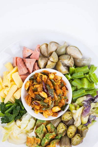 Garnalen plakken chili saus met het Blancheren van groenten, voedsel — Stockfoto