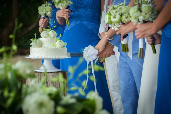 Anschneiden einer Hochzeitstorte — Stockfoto