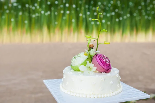 Schöne Hochzeitstorte Mit Blumen Der Spitze — Stockfoto