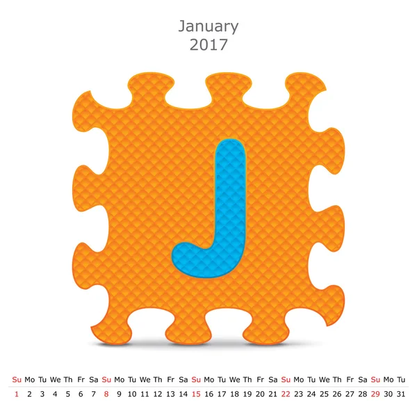 Janeiro 2017 calendário de quebra-cabeça — Vetor de Stock