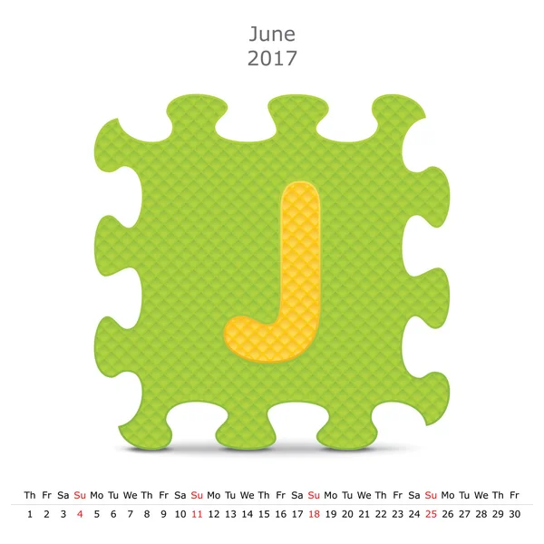 Junho 2017 calendário de quebra-cabeça — Vetor de Stock