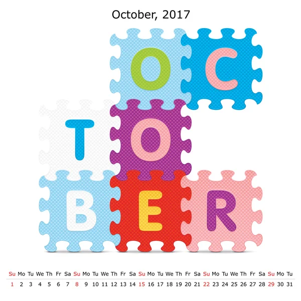 Outubro 2017 calendário de quebra-cabeça —  Vetores de Stock