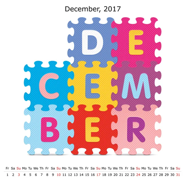 Dezembro 2017 calendário de quebra-cabeça — Vetor de Stock