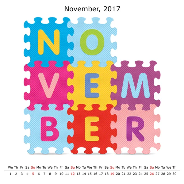 Novembro 2017 calendário quebra-cabeça — Vetor de Stock