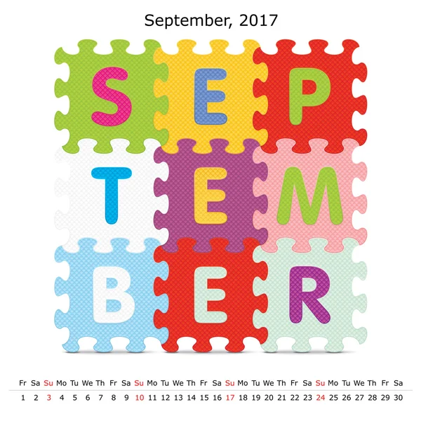 Setembro 2017 calendário quebra-cabeça — Vetor de Stock