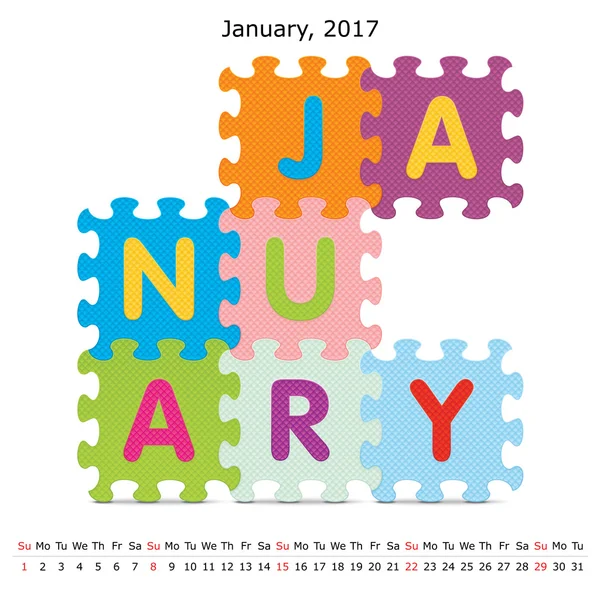 Januari 2017 pussel kalender — Stock vektor