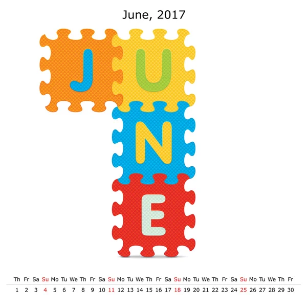 Junho 2017 calendário de quebra-cabeça — Vetor de Stock