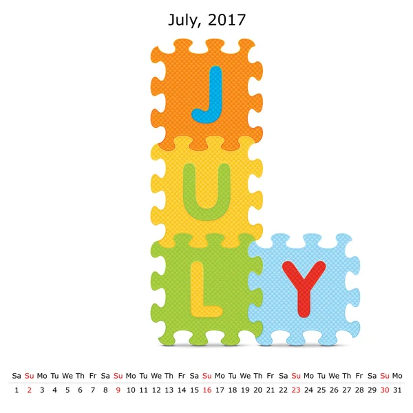 Julho 2017 calendário quebra-cabeça — Vetor de Stock