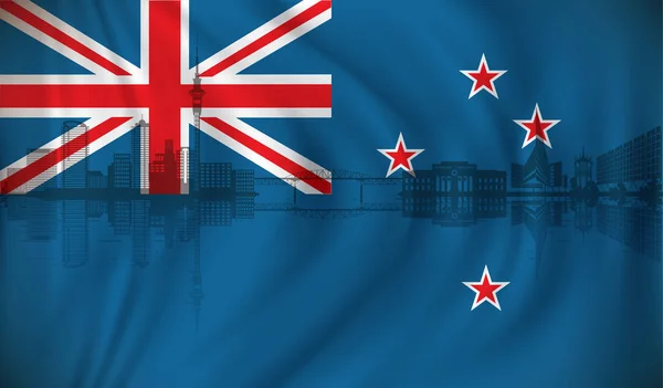 Bandeira da Nova Zelândia com horizonte de Auckland — Vetor de Stock