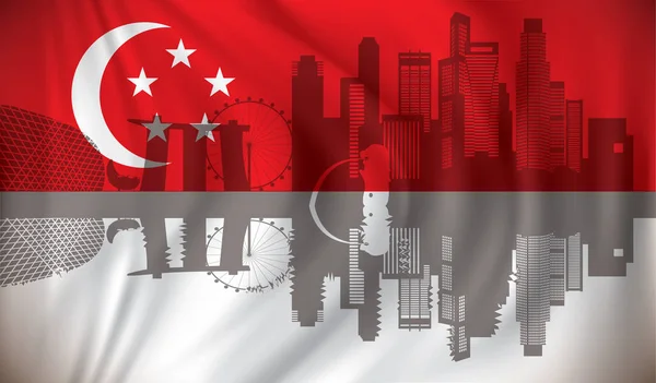 Vlag van Singapore met skyline — Stockvector