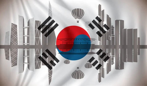 Bandera de Corea del Sur con horizonte de Seúl — Vector de stock