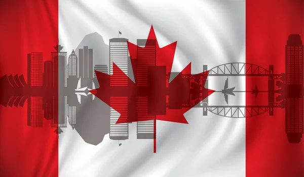 Bandera de Canadá con horizonte de Vancouver — Vector de stock