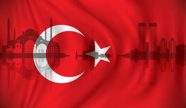 イスタンブールのスカイラインとトルコの旗 — ストックベクタ