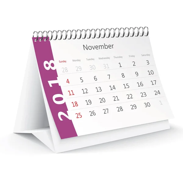 Noviembre 2018 calendario de escritorio — Archivo Imágenes Vectoriales