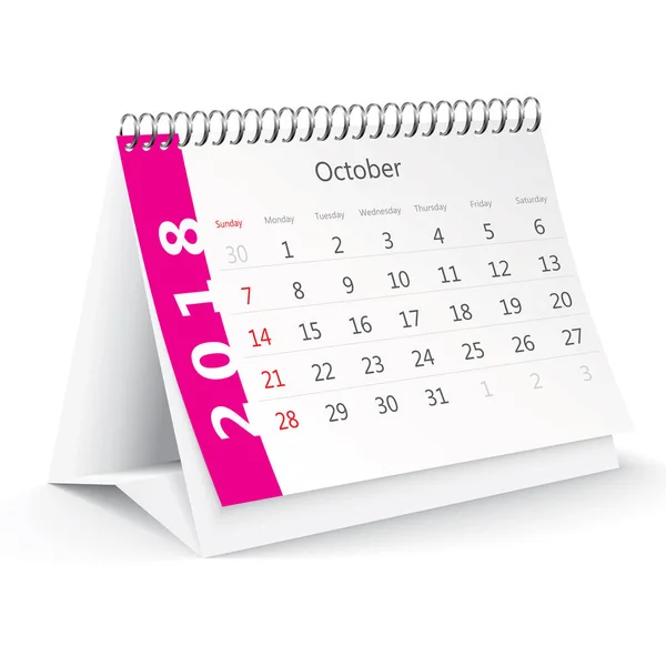 Octubre 2018 calendario de escritorio — Vector de stock