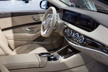 Russia, Izhevsk - February 20, 2020: Mercedes-Benz showroom. Interior of new modern car business class S 350d. Famous world brand. Prestigious vehicles.