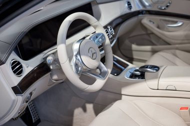 Russia, Izhevsk - February 20, 2020: Mercedes-Benz showroom. Interior of new modern car business class S 350d. Famous world brand. Prestigious vehicles.