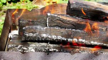 Bir bahar güneşli hava, panorama yakın çekim metal bir tepsiye yanan odun