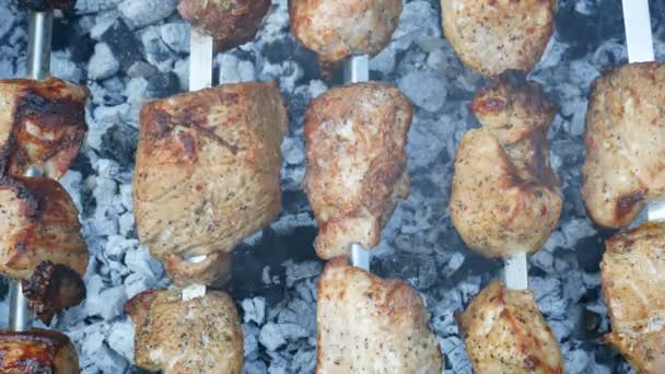 Preparação Carne Shashlik Shish Kebab Sobre Espetos Metálicos Rotativos Fundo — Vídeo de Stock