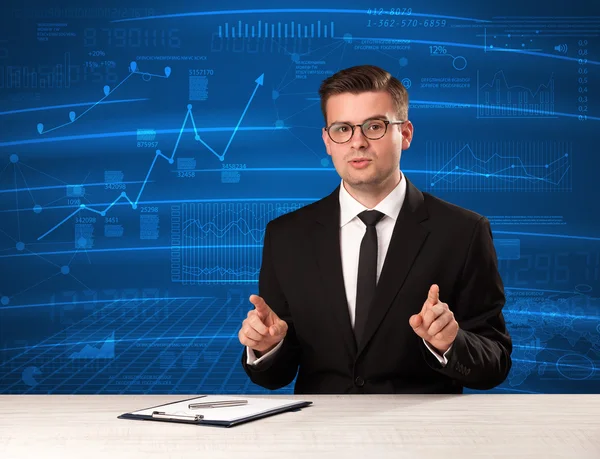 Stock data analyst in studio giving adivce on blue chart backgro — Stock Photo, Image