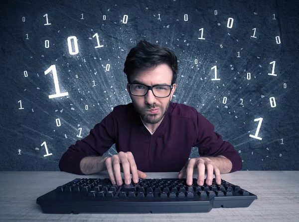 Online intruder geek guy hacking codes — Stock Photo, Image