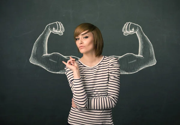 Žena s načrtnuté silné a svalnaté ruce — Stock fotografie