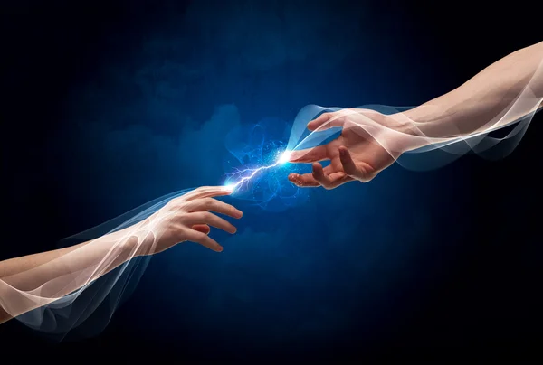 Hands connecting through fingers in space — Stock Photo, Image