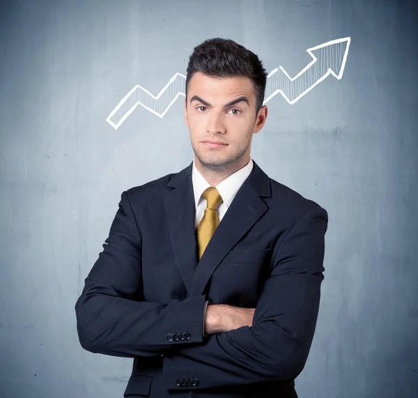 Smiling business guy with graph arrow — Stock Photo, Image