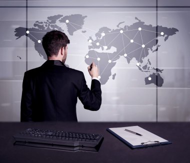 Dünya Haritası üzerinde nokta çizim iş kişi