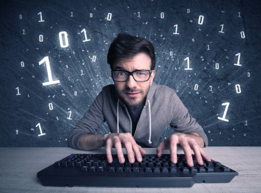 Online intruder geek guy hacking codes clipart