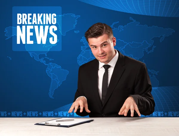 Television Presenter In Front Telling Breaking News With Blue Mo Television Presenter In Front Telling Breaking News With Blue Mo