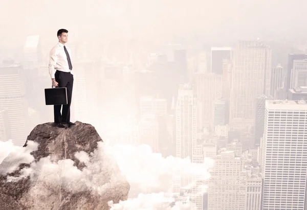 Happy businessman standing on stone top — Stock Photo, Image