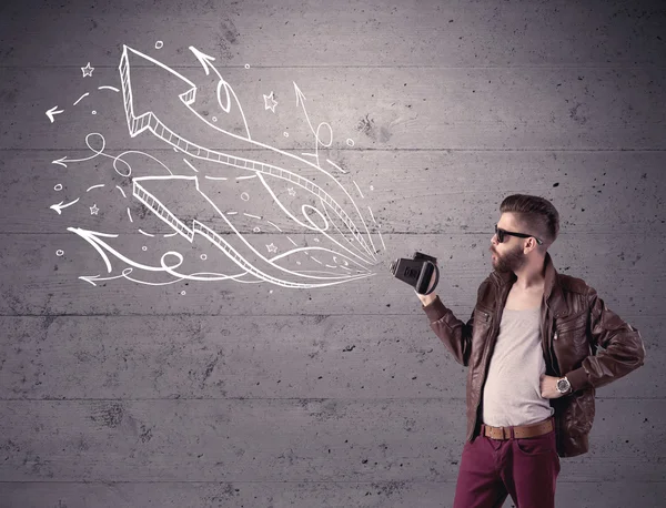 Funny guy taking photos with retro camera — Stock Photo, Image