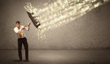 İş adamı dolar yağmuruna karşı şemsiye tutuyor