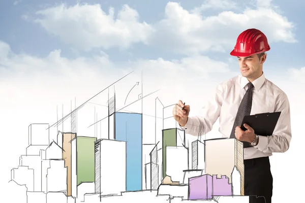 Byggnadsarbetare som planerar en stadssyn — Stockfoto