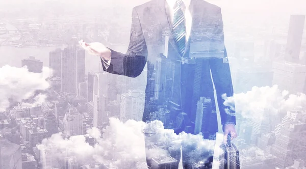 Business man standing at city view background — Stock Photo, Image